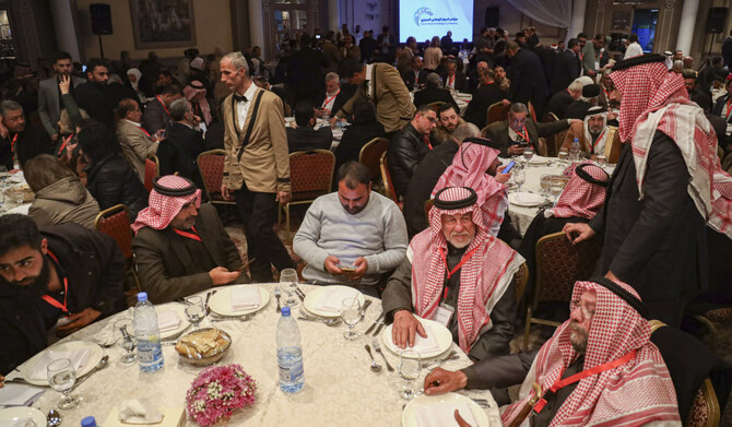 Participants in Syria's national dialogue conference gather at the Dama Rose hotel in Damascus, Syria, Monday Feb. 24, 2025. (AP