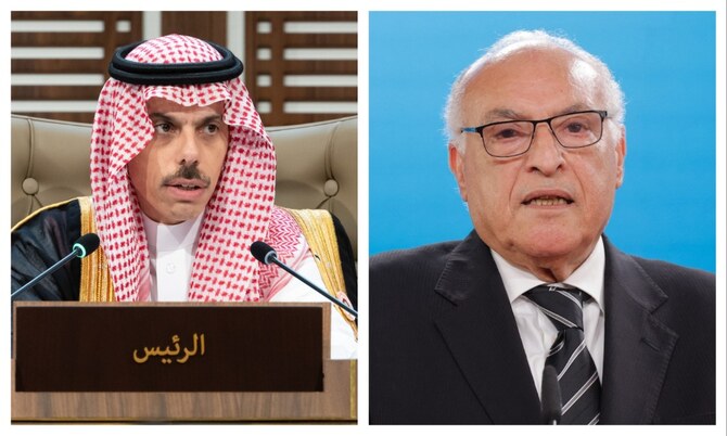 Saudi Foreign Minister Prince Faisal bin Farhan and his Algerian counterpart Ahmed Attaf. (File/AFP)