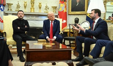 US President Donald Trump and Ukraine’s President Volodymyr Zelensky listen to Vice President JD Vance at White House. 